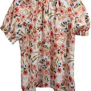 Allegra K Floral Ruffle Blouse in White, Coral & Navy